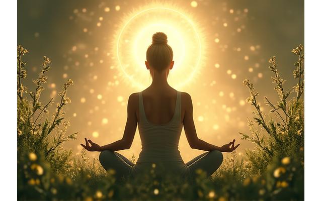 Žena v meditaci obklopená bylinami pro holistické wellness konzultace